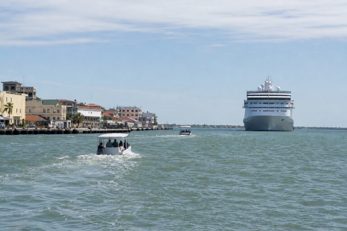A cruise tender boat crossing turquoise water toward the Belize City harbor with the reef beyond