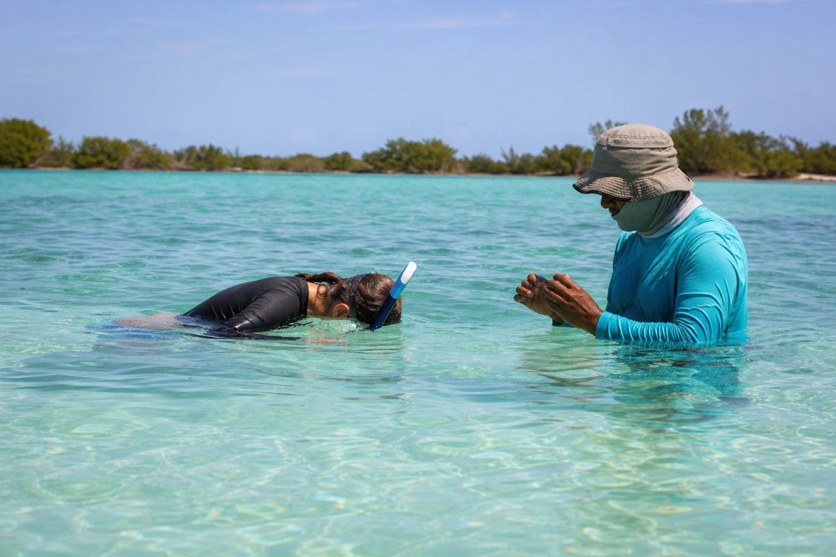 A first-time snorkeler floating in shallow turquoise water over coral on the Belize reef