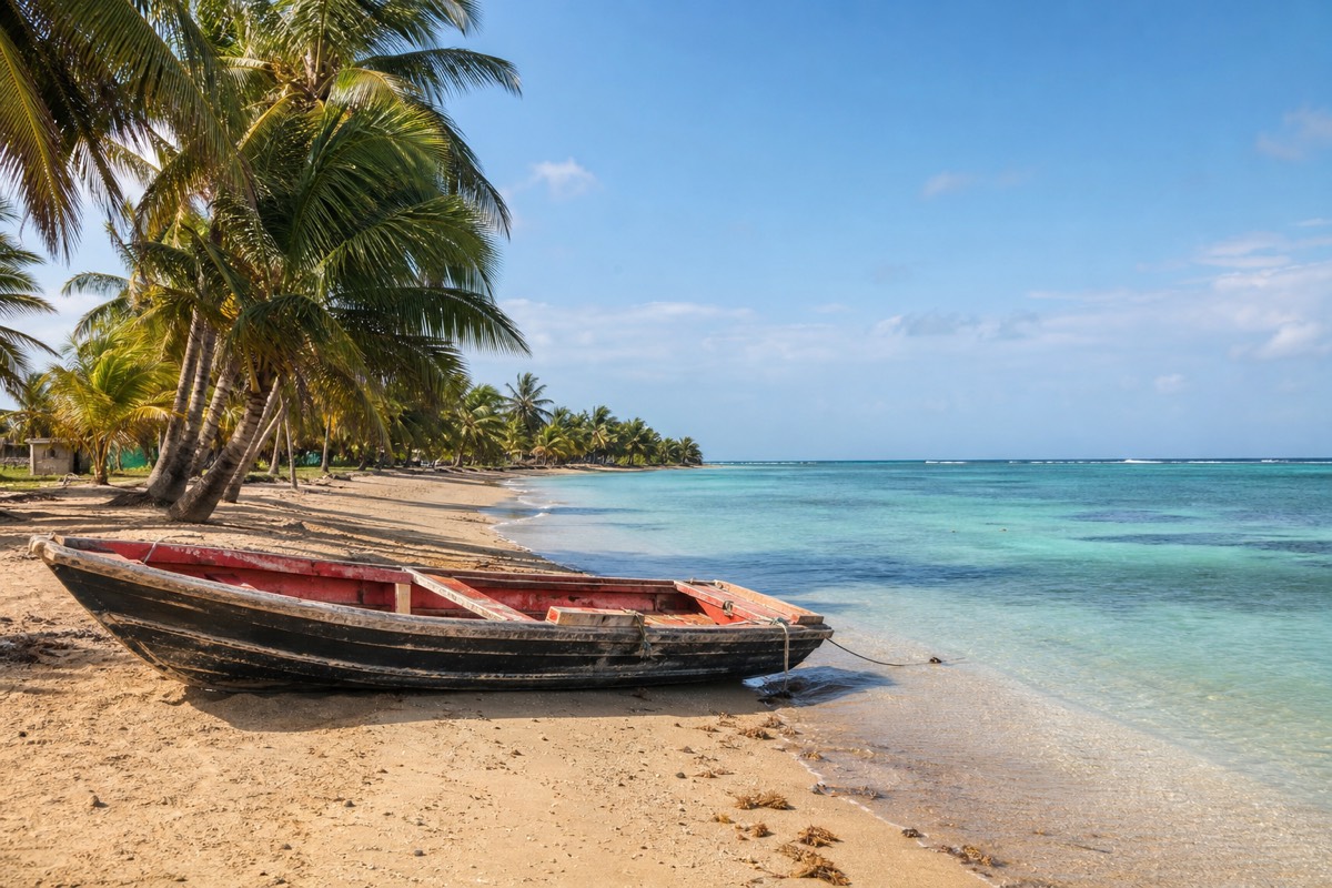 A snorkeling boat anchored off a palm-covered caye on the southern Belize barrier reef